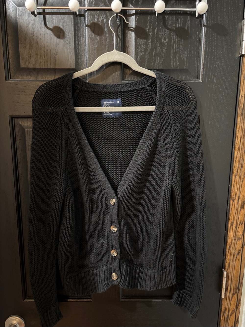 American Eagle Outfitters Black Open-Weave Button Cardigan